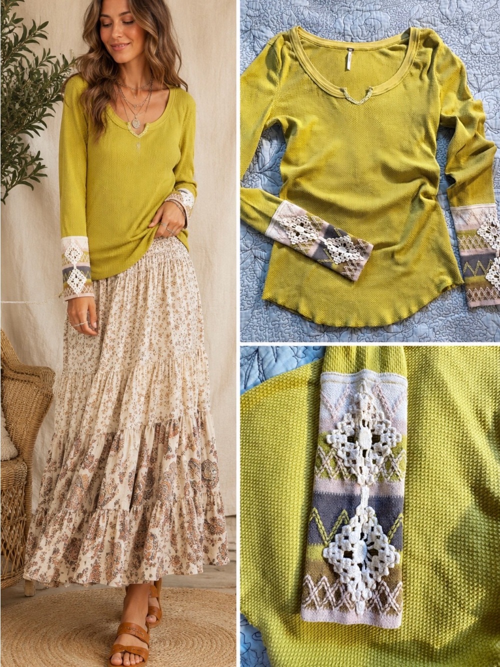 ♨️Free People Kombucha Cuff Yellow Waffle Thermal Embroidered Crochet Top Sz L💛